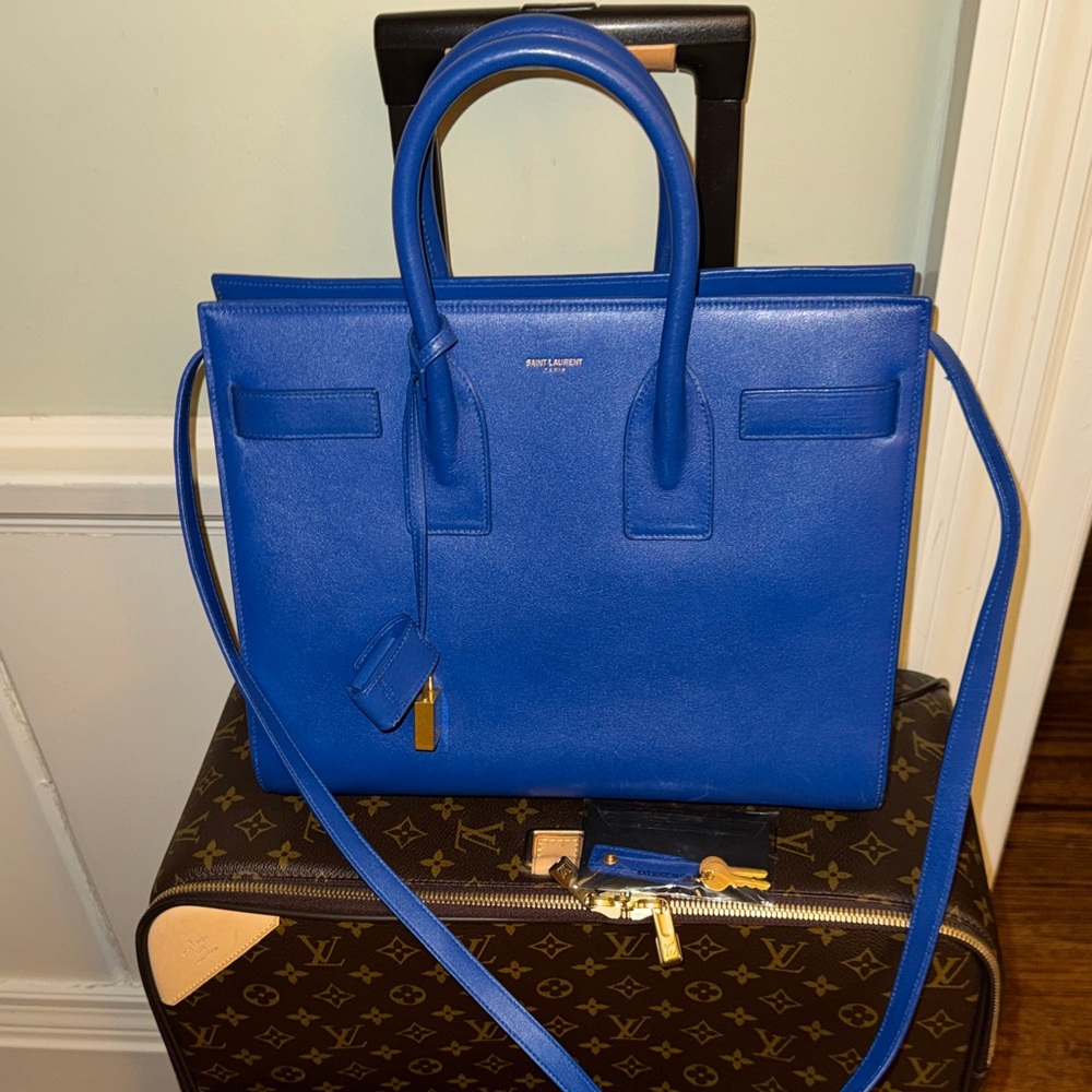 Saint Laurent Paris Electric Blue Leather Satchel with Gold Hardware Medium